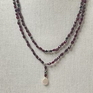 Genuine Garnet Beaded Necklace Double Strand Pearl Pendant Silver Tone 20"